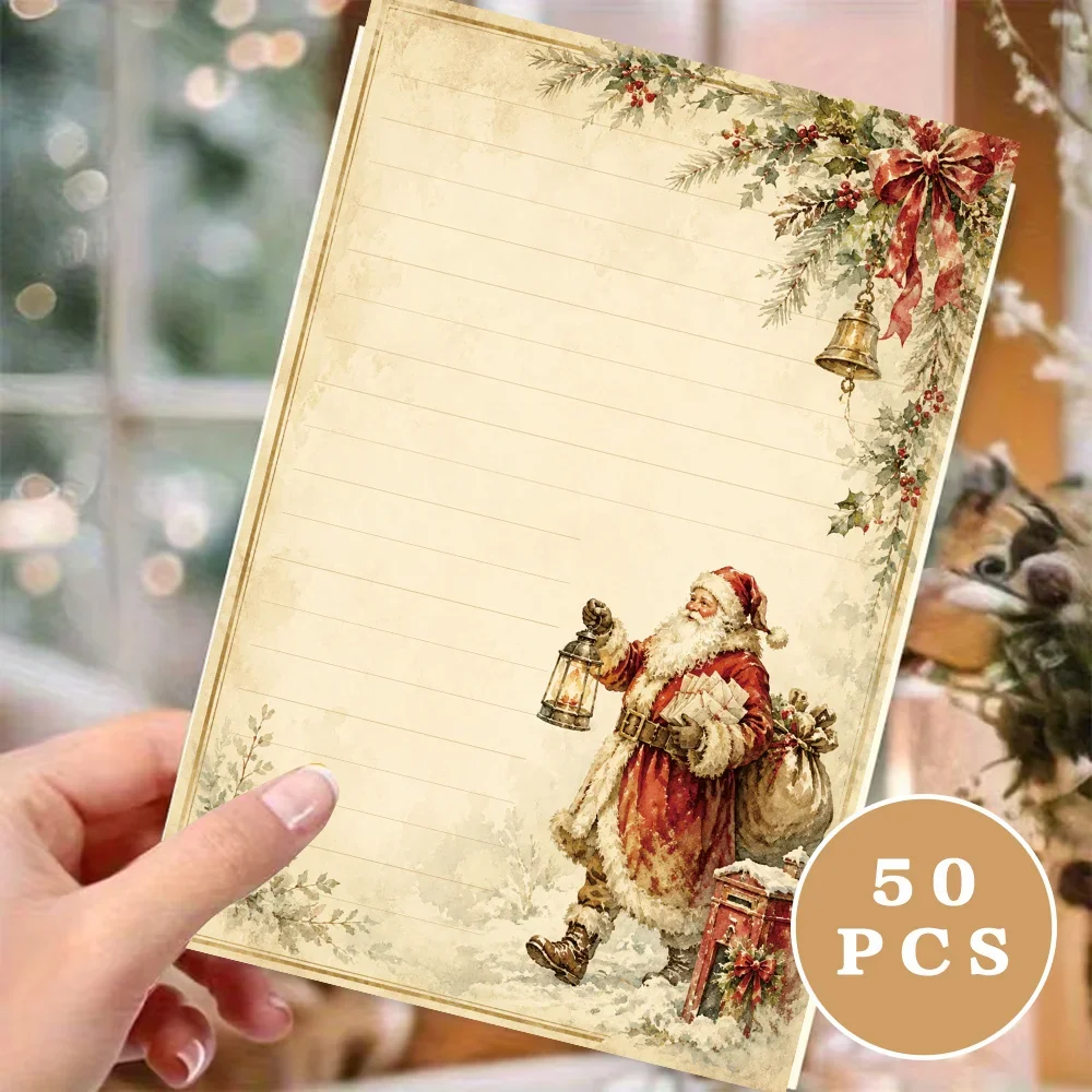 50 Sheets,  Vintage Santa Claus Themed Writing Paper, Lined, No Glue Needed, Perfect for Notebooks, Memos, and Stickers