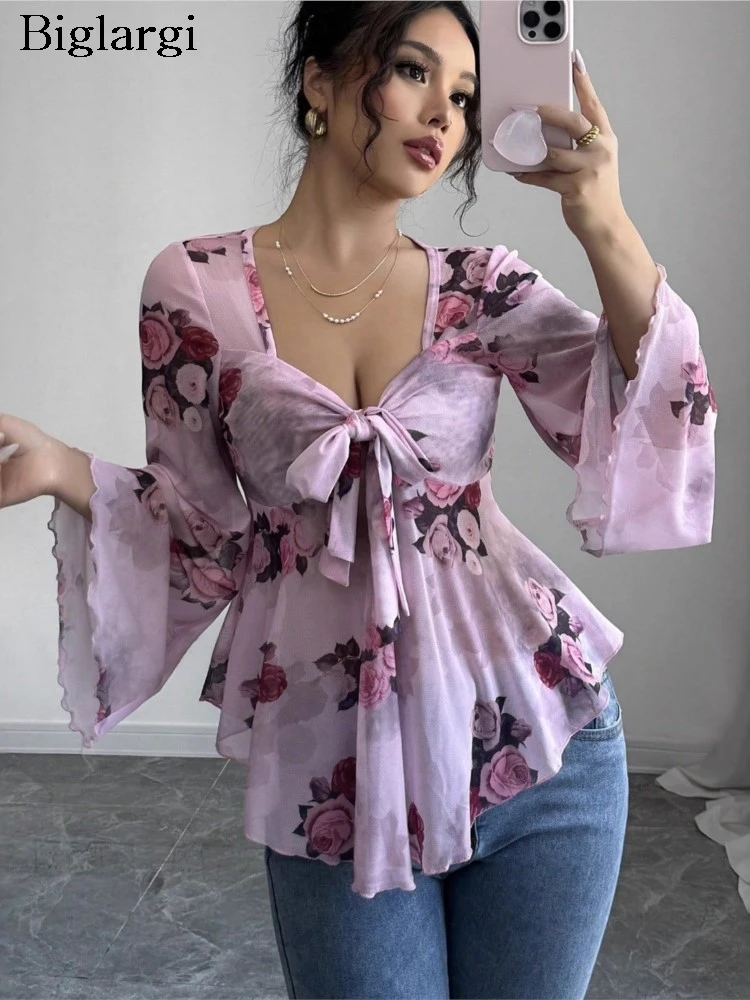 

Autumn Chiffon Tops Women Flower Floral Fashion Sexy Bodycon Ladies Blouses Irregular Ruffle Pleated Woman Tops