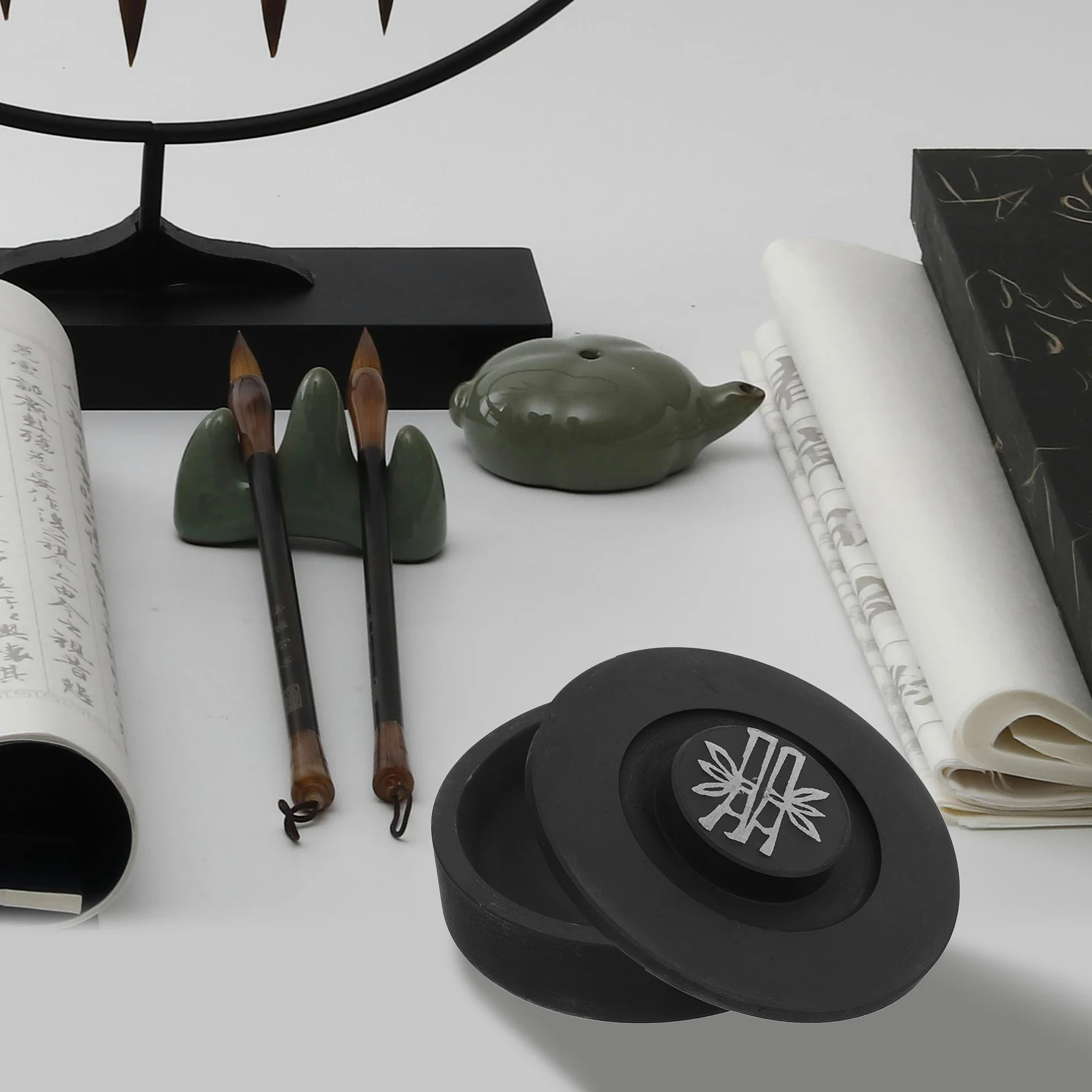 

Calligraphy Inkstone Grinding Inkslab Bamboo Holder with Lid Dish Decor Primary School Chinese Supply