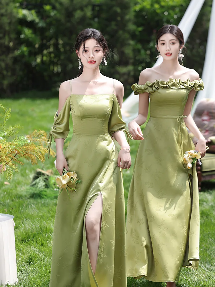 

Green Off The Shoulder Wedding Bridesmaid Dresses Lace-up Women Slim Fit Split Floor Length Formal Occasion Gowns