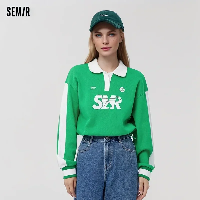 

Semir 2024 Marley Polo Shirt Women Short Letter Texture Top Spring Personalized Print Loose Contrast Color Pullover Trend