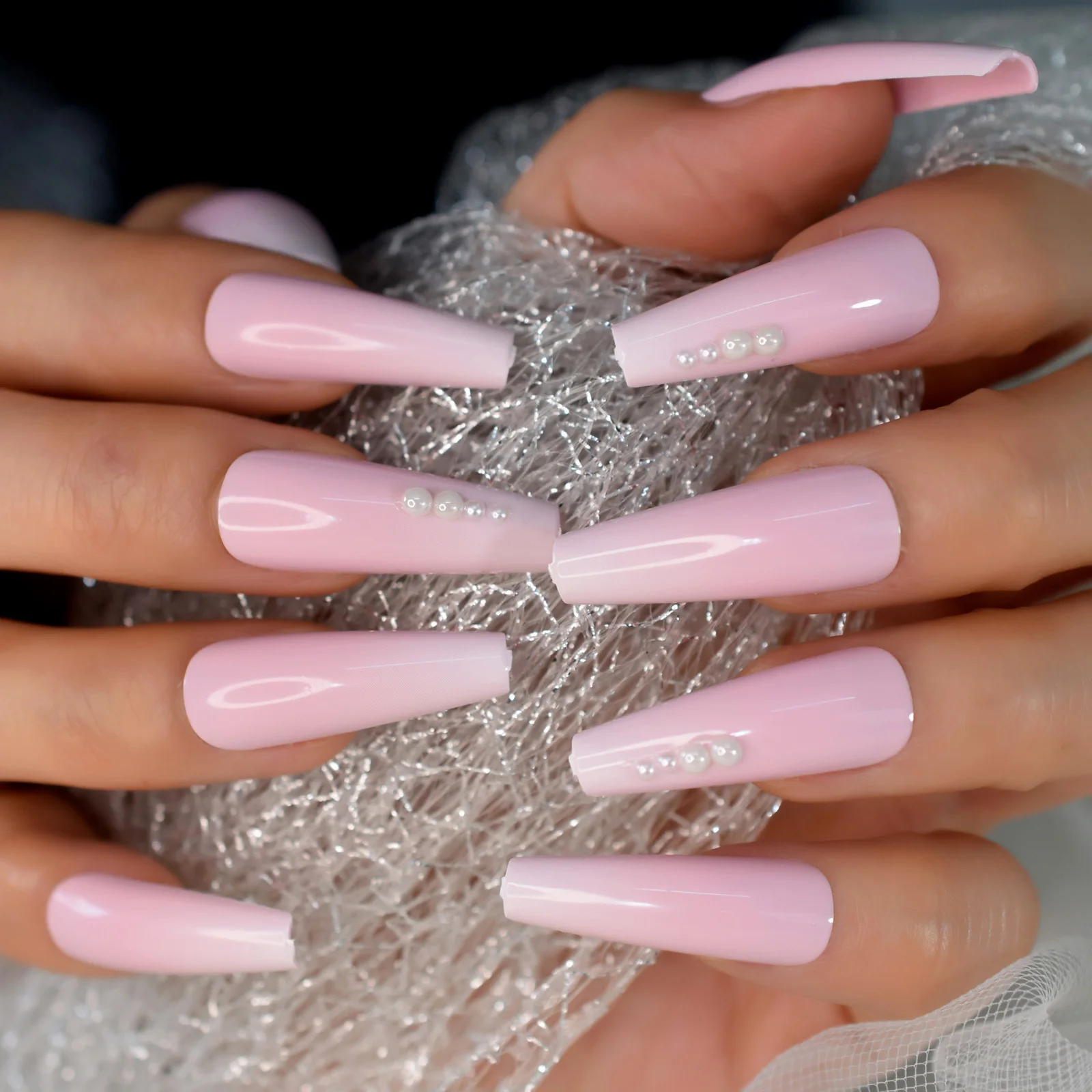 Pearl Pink Fading Nails Coffin Medium Size Wholesale Fake Nails Coffin Shape Manicura Stick On Nails With Tabs 24pcs Set