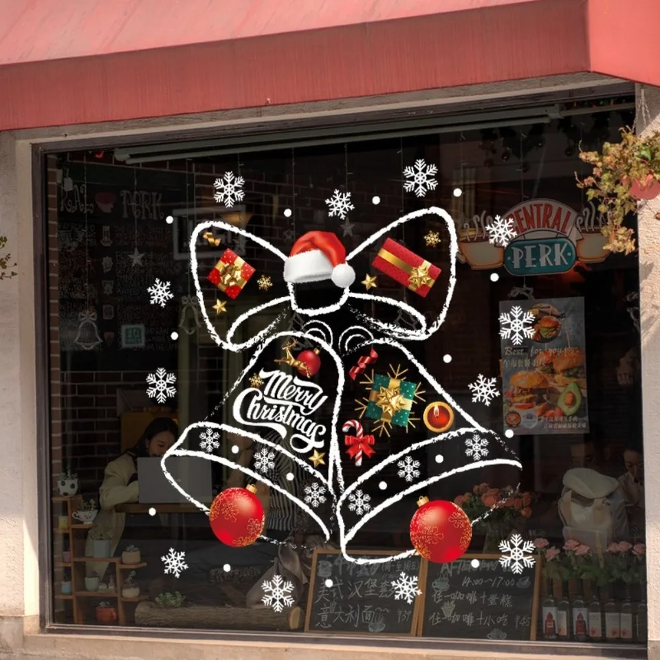 Static-cling Christmas Bell Window Clings Waterproof Large Merry Christmas Window Decal Leaves No Trace Decorative
