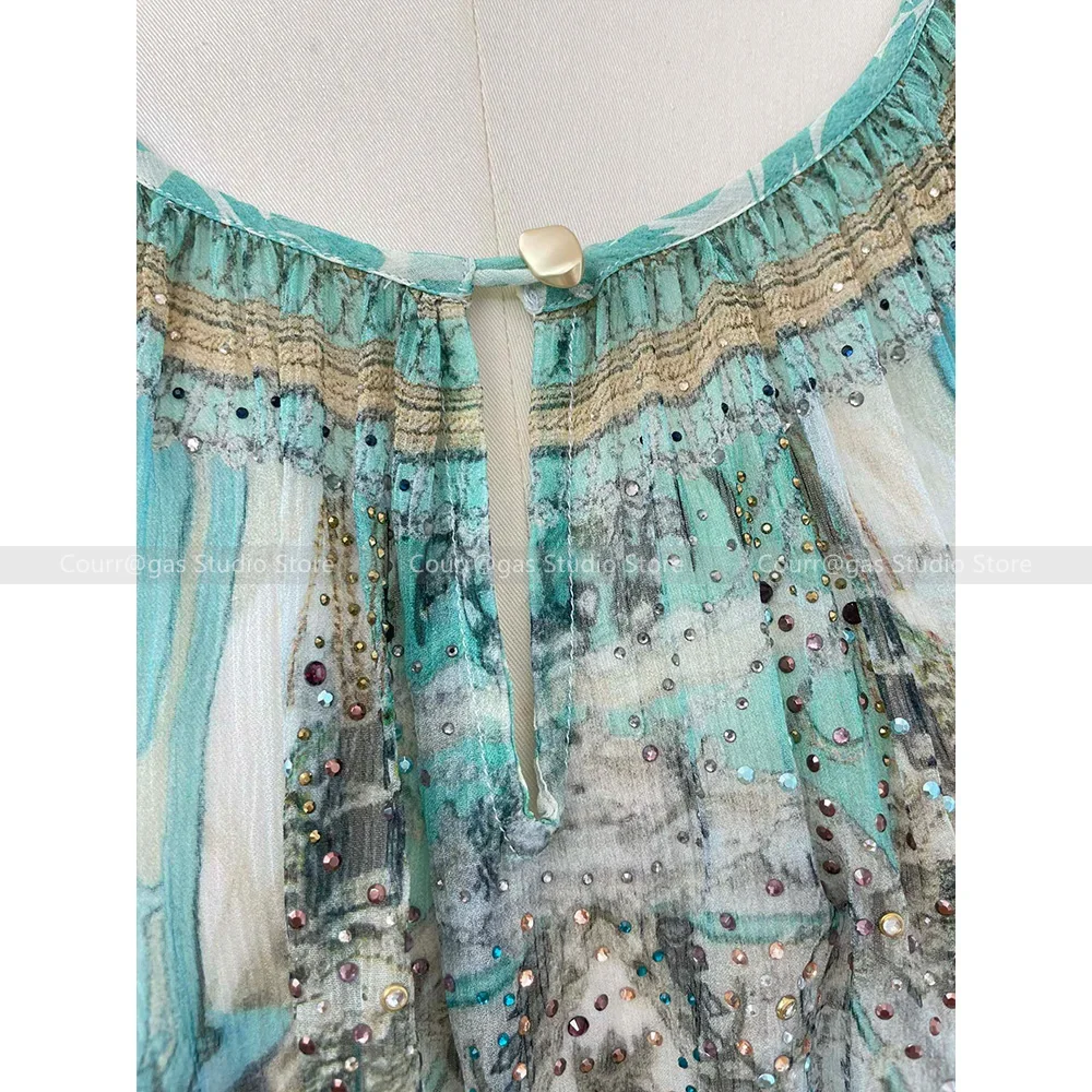 2024 Summer New Resort Style Silk Diamonds Mint Green Blouse Bat Sleeve Loose Top