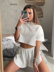 Shorts T-shirt Simple Summer Outfits For Women 2023 Short Sleeve Loose Crop Top+elastic Waist Slit Shorts Sets Casual Home Cloth