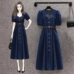 Summer Elegant Vintage Denim Blue Long Dress Puff Short Sleeve Single-breasted Midi Party Dresses Women S-4XL Clothes Female