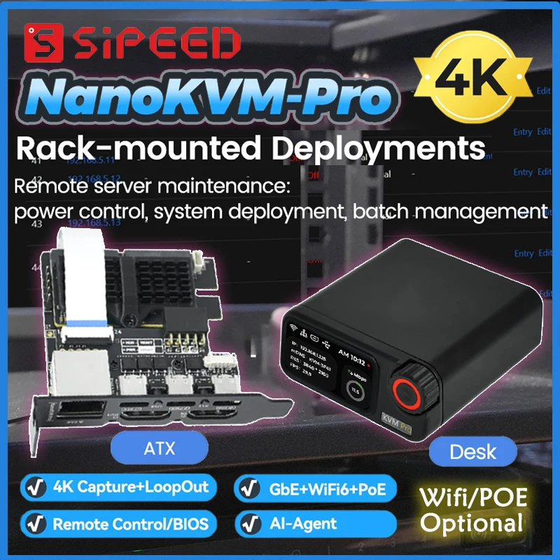 Sipeed NanoKVM-Pro 4K PiKVM IP-KVM WiFi6 PoE Remote Control GbE HomeLab Server NAS AI Agent HDMI second screen led strip