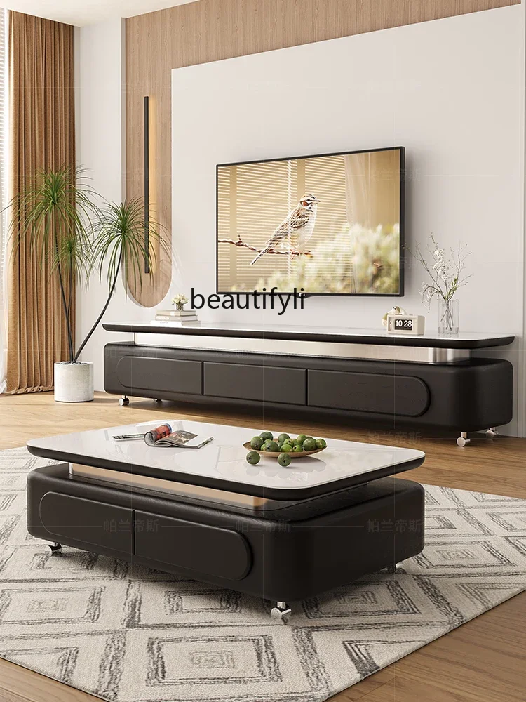 

Stone Plate Coffee Table Home Minimalist High-Grade Black Rectangular Coffee Table TV Cabinet Combination