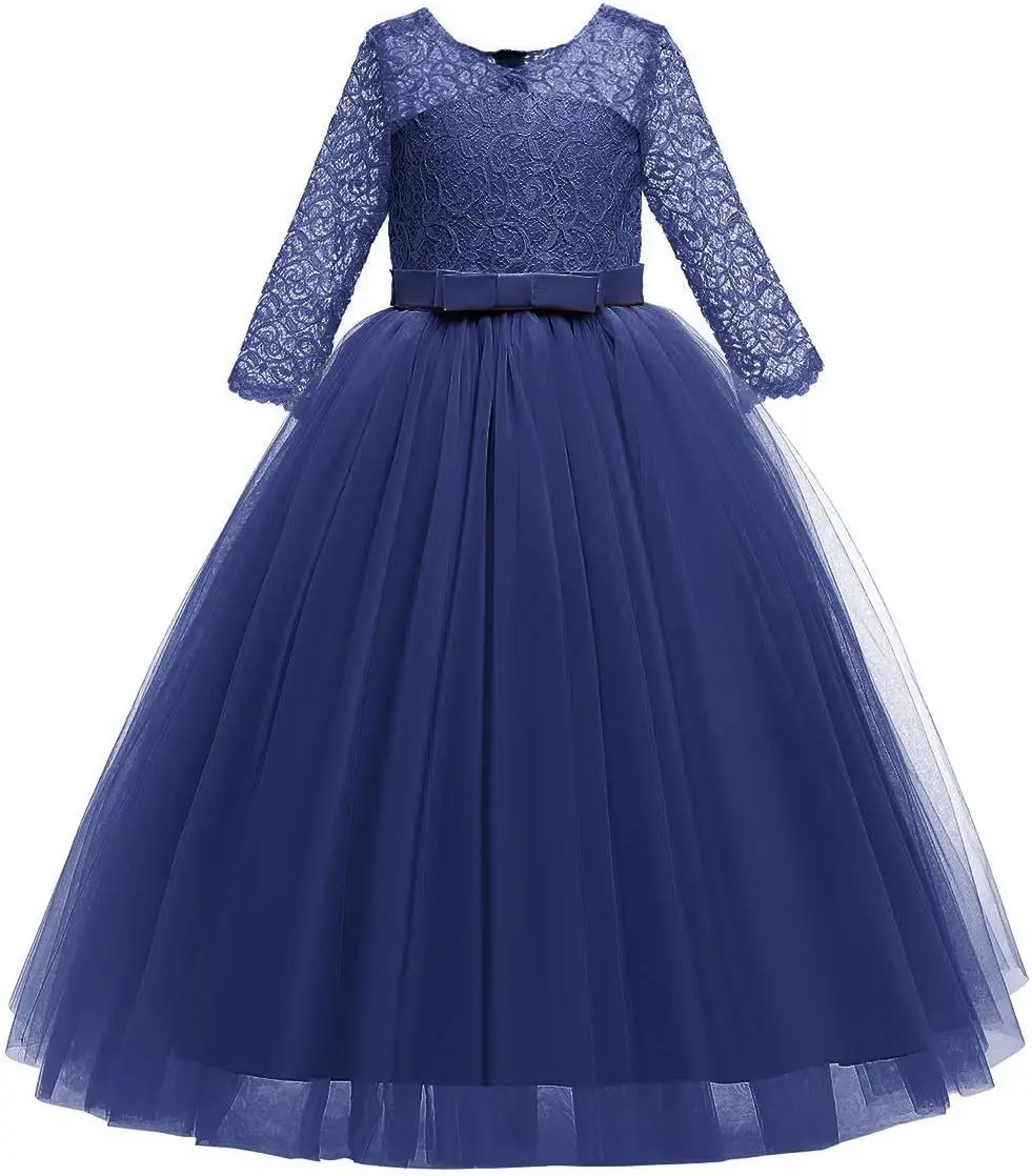 فستان فتاة الزهور 2025 ريترو دانتيل 3/4 كم طول الأرض لحفلات الزفاف فستان رسمي للرقص البيغاني