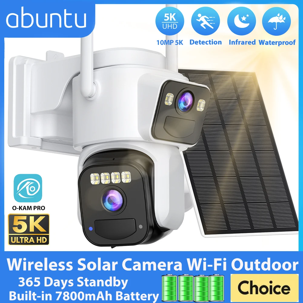 10MP 5K Wireless Solar Wifi Camera Outdoor Dual Lens Dual Screens Auto Tracking Surveillance Camera 5X Digital Zoom Security CAM