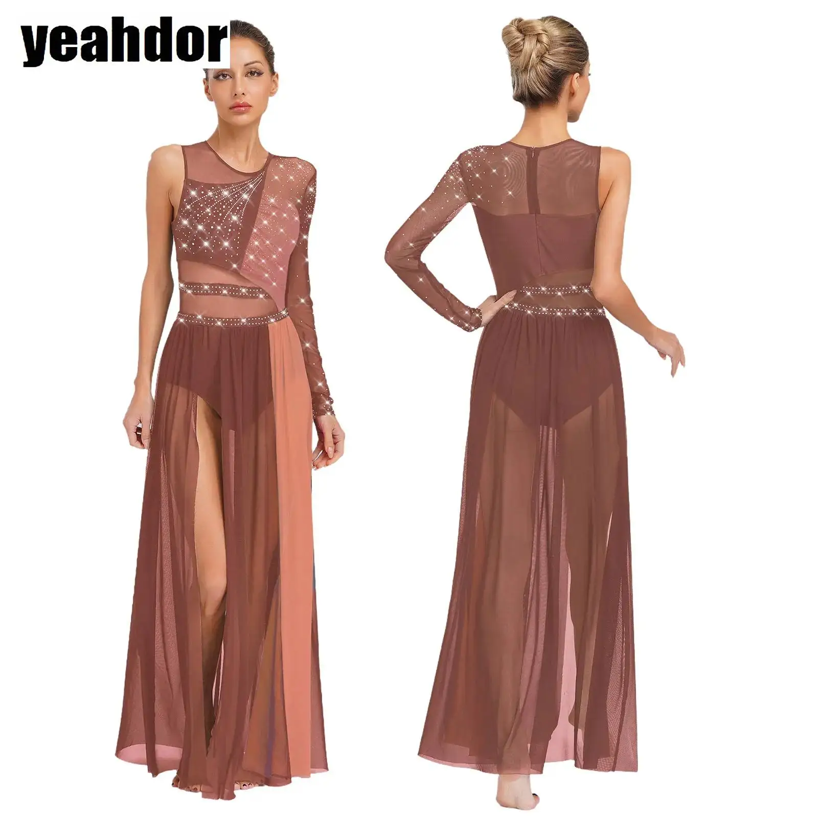 

Women Lyrical Dance Costume Rhinestones Modern Contemporary Dancewear Side Split Sheer Mesh Ballet Gymnastics Leotard Skating