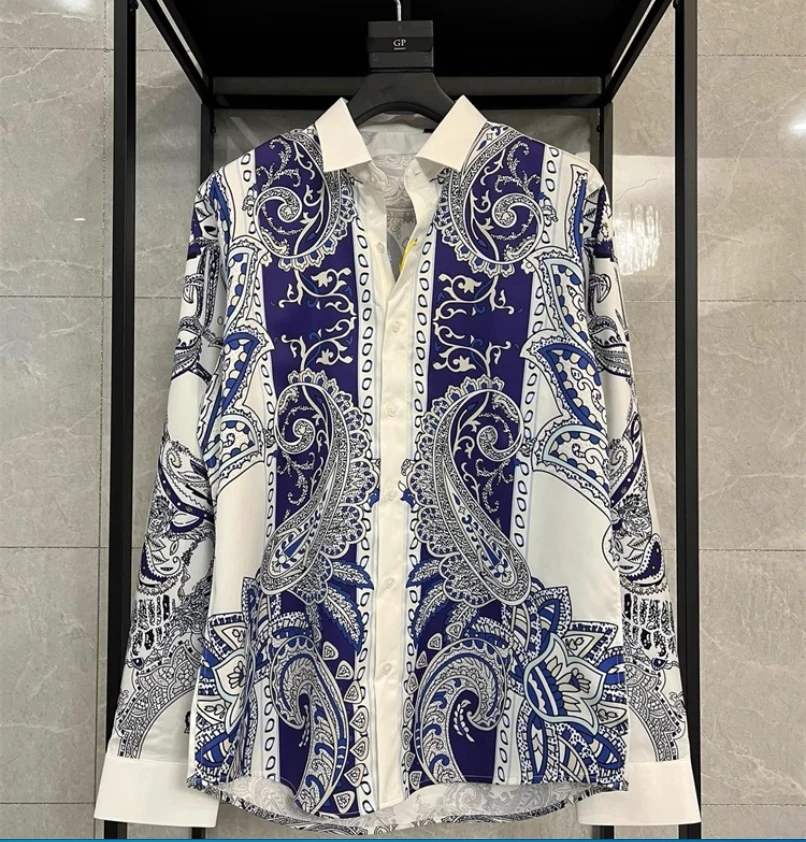 

Noble court style new blue and white cashew flower ice silk drape without ironing long sleeved men's shirt trend