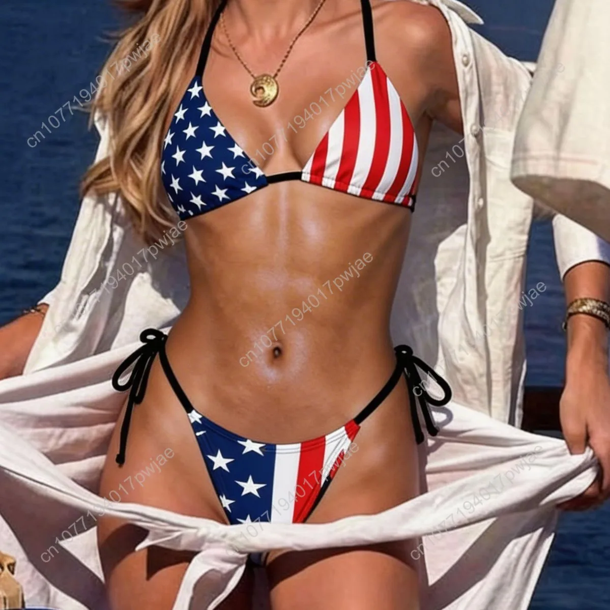

American Flag Swimsuit Sexy Drawstring Bikini Women