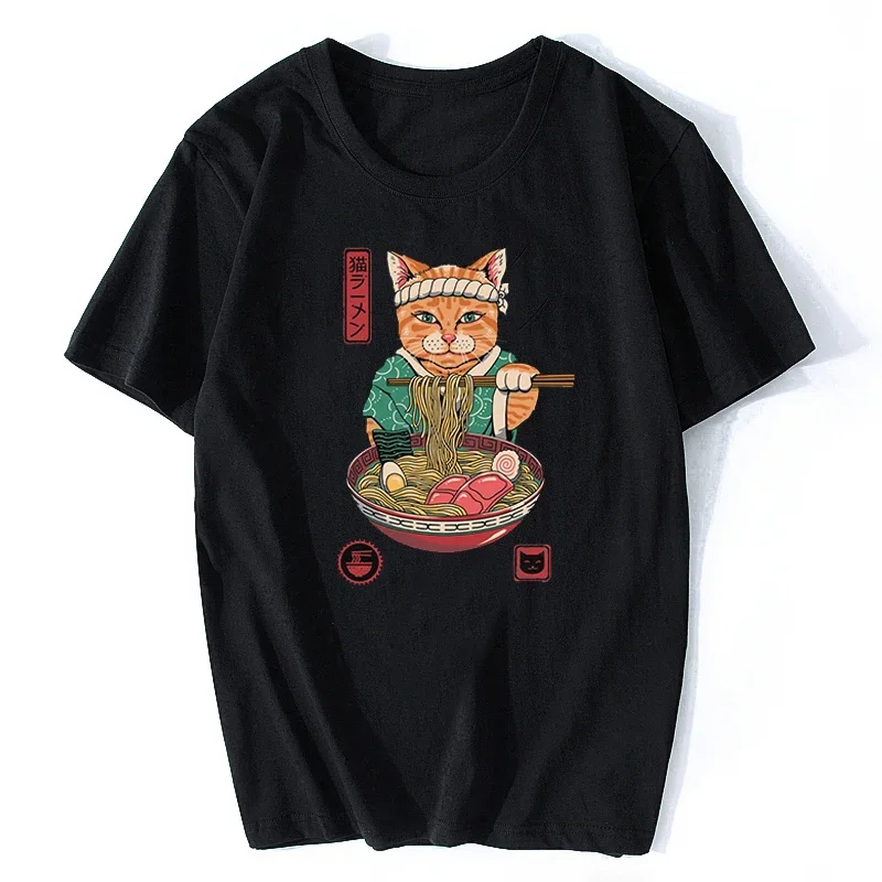 Neko Ramen Japan Cat Anime T Shirt Men's High Quality Aesthetic Cotton Cool Vintage T-shirt Herejoko Straatwaer Camisetas Hombre