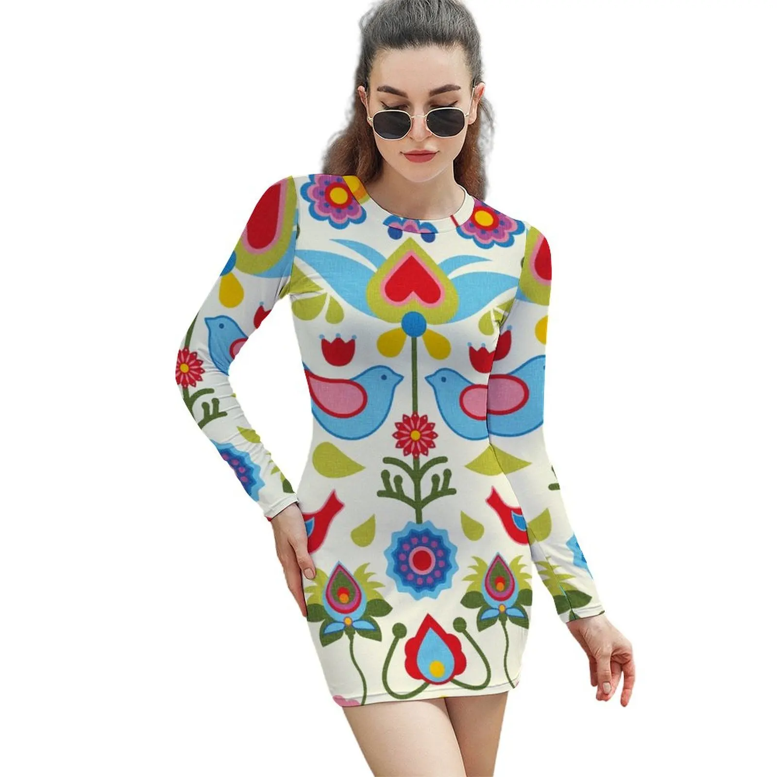 

Scandinavian folk art birds and blooms Long-Sleeved Sheath Dress Dress woman Dress for girls