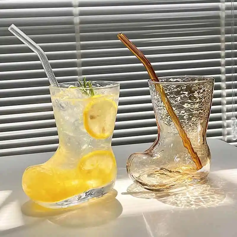 Trendy Glass Cup Boot Shape Beverage Beer Transparent Personalized Fruit Juice Drink Coffee Cold Beverage Cup from China