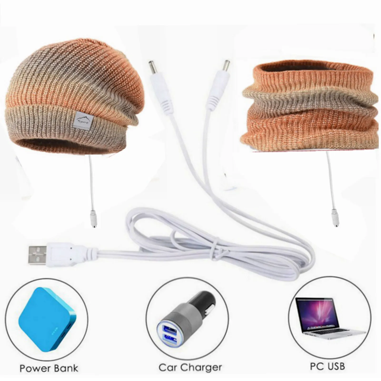 Gorro con calefacción eléctrica USB y calentador de cuello para mujer, conjunto de gorro de esquí grueso de punto suave y transpirable, para Navidad