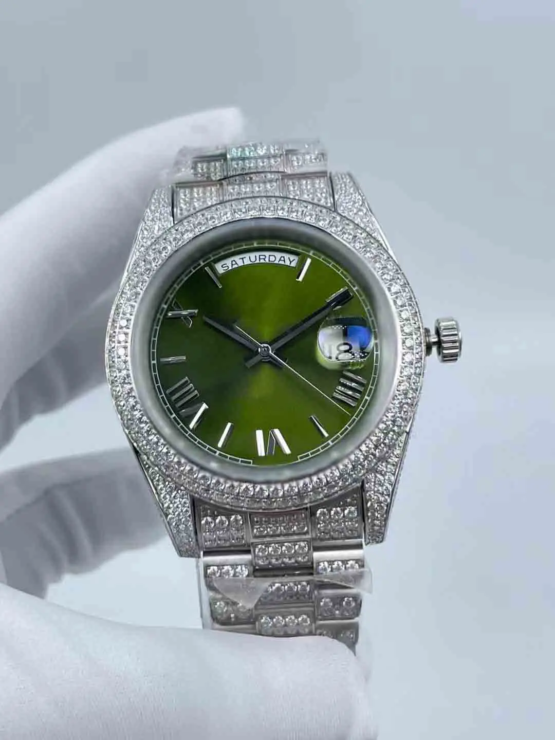 Men's Watch - Full Diamond Roman Face, 41mm Dial, Calendar Window, Waterproof