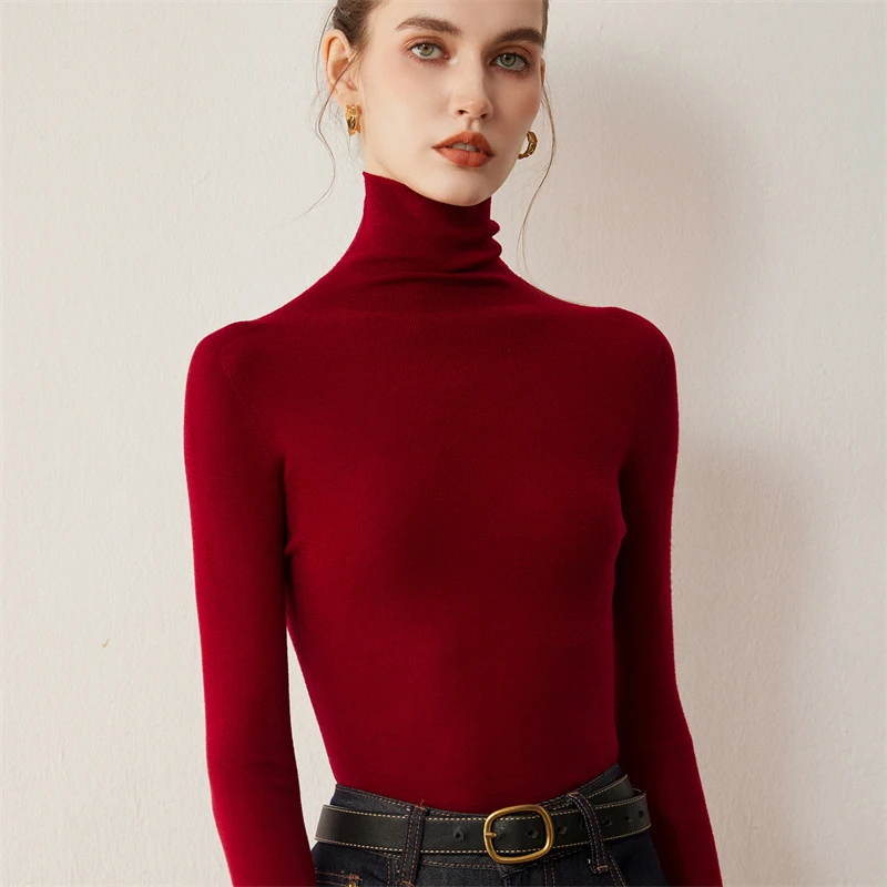 Women's 100% Wool Yangtze Yarn Pullover High Neck Slim Fit Base Tops Layer French Minimalist Solid Knit Sweater Ready to Wear