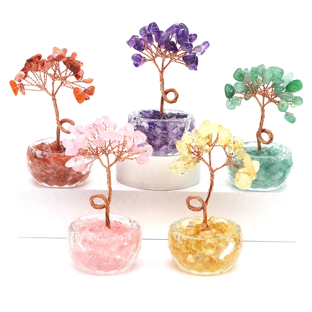 Lucky Money Tree Copper Wire Wrapped Crystal Bonsai Base Citrine Amethyst Healing Gems Yoga Feng Shui Trees Crafts Home Decor