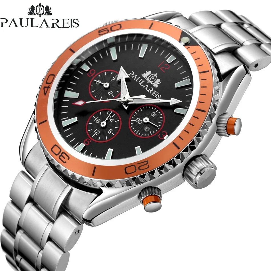 Men Automatic Self Wind Mechanical Stainless Steel Strap Orange Blue Black Dial Bezel Classic Watch