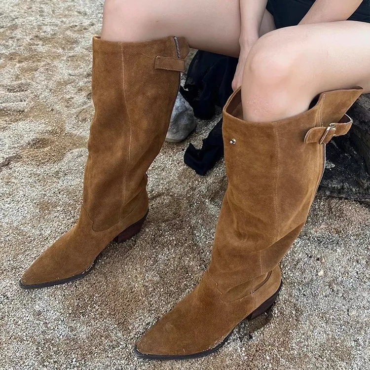 High Heels, Large Tube, Long Tube Boots, Women's New Style Pointed and Spicy Girl, Western Cowboy Boots, Thick Heel Knight Boots