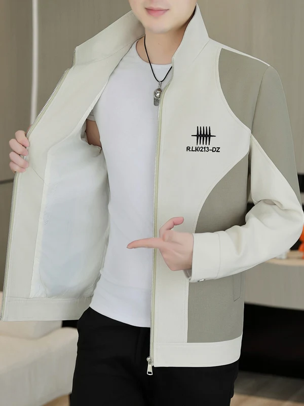 

Men's Embroidered Stand Collar Jaet Patchwork Color Blo Casual Sle Long Sve Polyester Fiber Youth Faion Outerwear