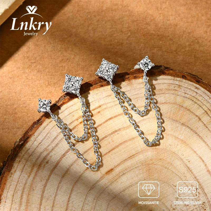 

Lnkry Certified Moissanite Double Ear Hole Earring 925 Sterling Silver Flower Stud Earrings For Women Girls Chain Tassel Jewelry
