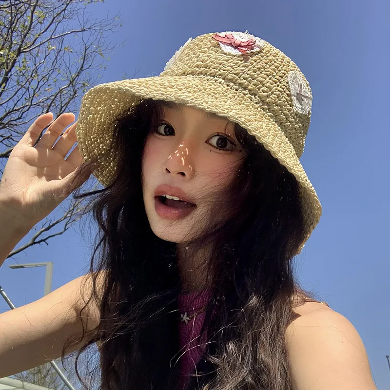 New Spring and Summer Vacation Dopamine Girl Straw Hat Seaside Beach Trip Hat with Wide Brim Face Small Hat