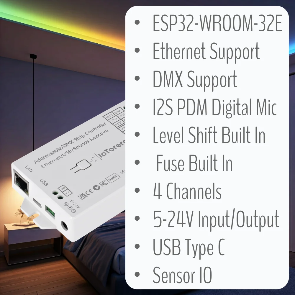IoTorero WLED Ethernet ESP32 direccionable y controlador de tira LED DMX funciona con el asistente doméstico