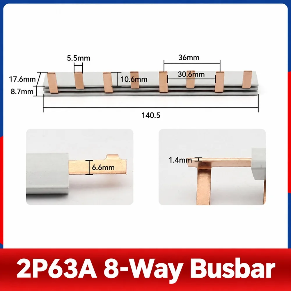 1Pcs 63A MCB Busbar 1/2/3Pole Red Copper Circuit Breaker Busbar 18/36mm Phase Spacing PVC Flame Retardant Busbar Terminal Block