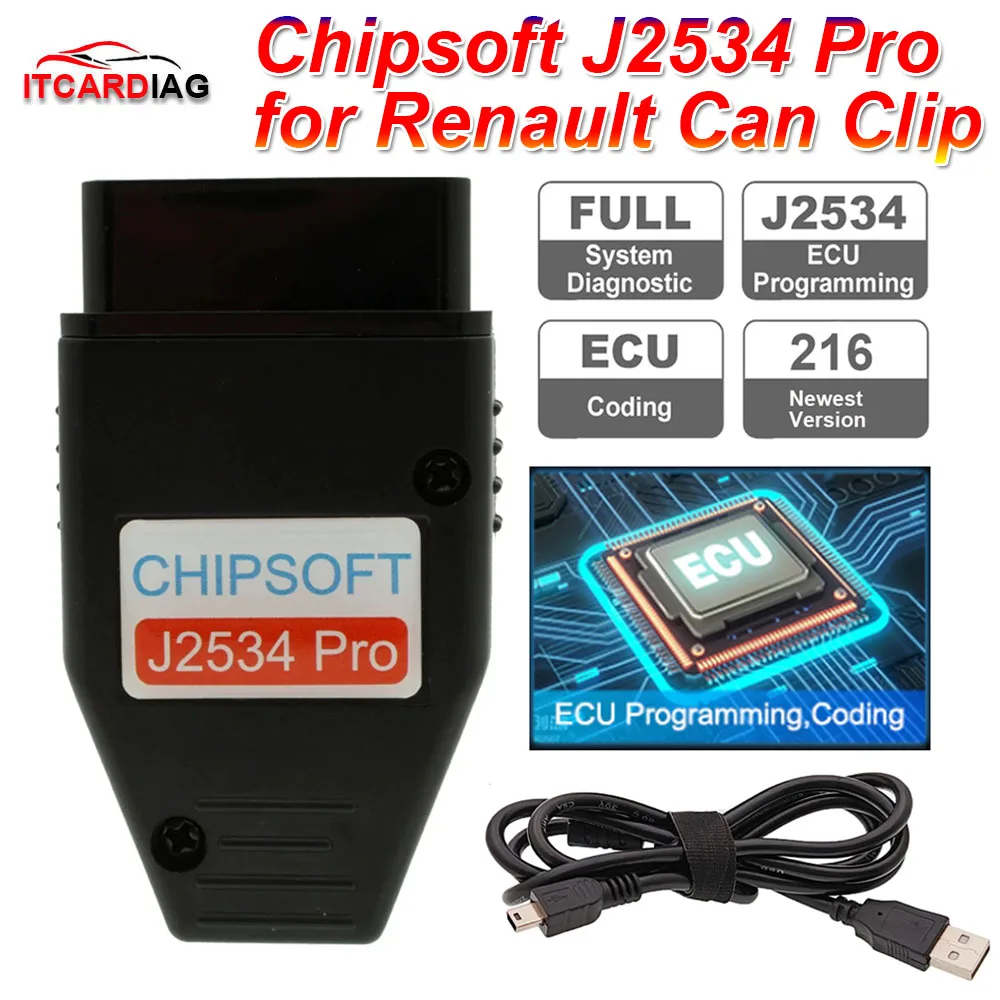 Chipsoft J2534 Pro for Renault Can Clip V216 J2534 Passthru Scanner Simulator Mode VCI Diagnostic Cable ECU Coding OBD2 Car Tool