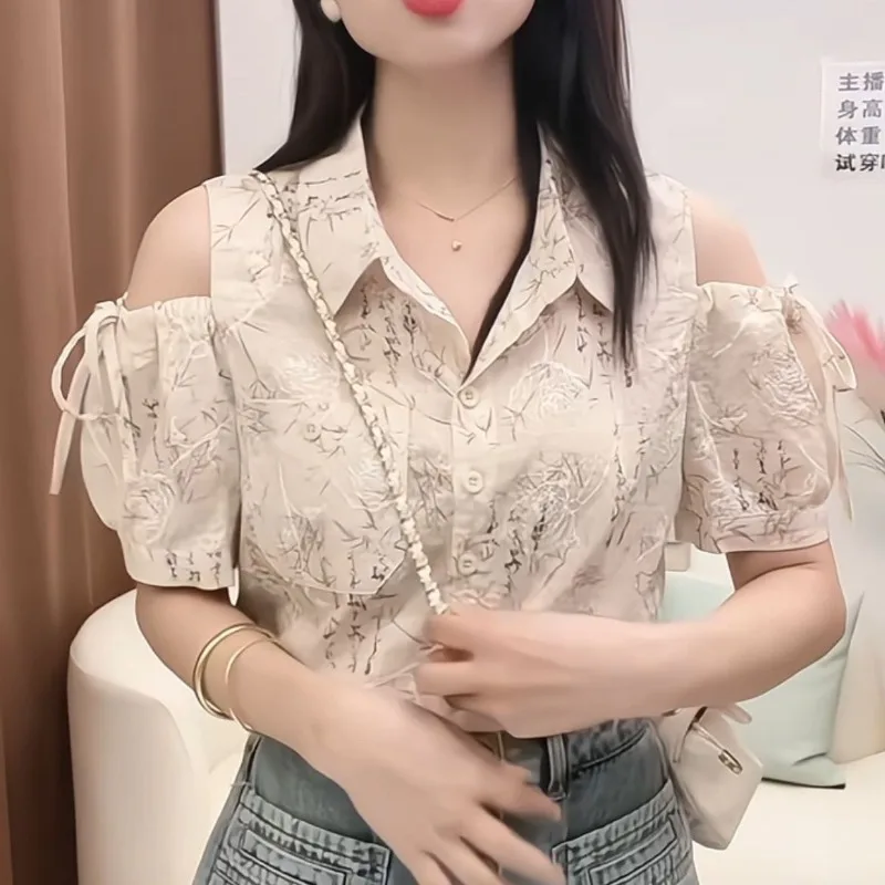 

Femme Summer Fashion Chinese Style Button Printing Short Sleeve Women Shirts Vintage Trend Off Shoulder Indie Folk Loose Top Tee