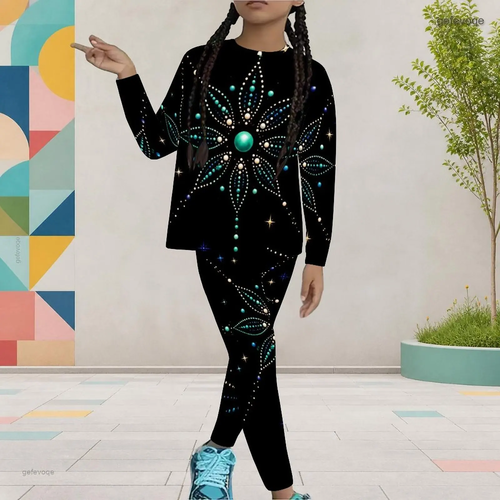 Autumn Graphic Print Girls Two Piece Set Turtleneck Rhinestone Floral Sparkle Abstract Children Clothing Daily Party Wear