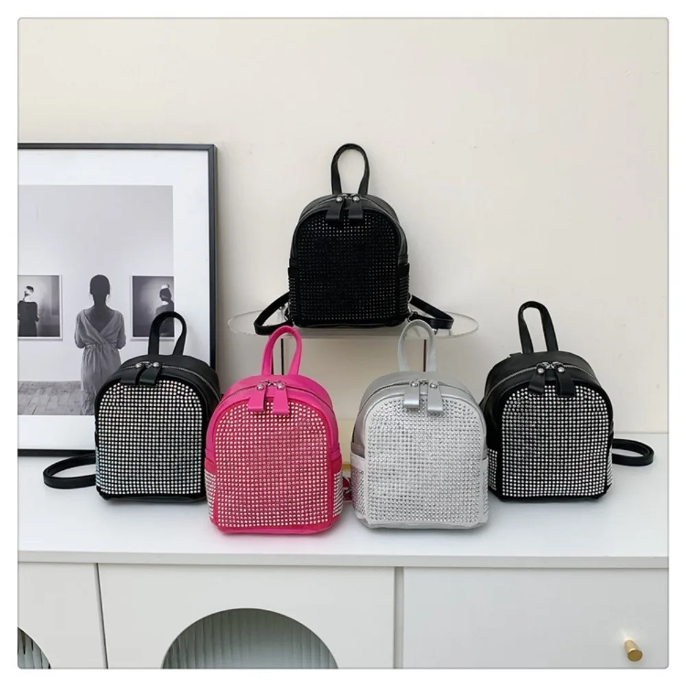 Fashion Large Capacity Women's Backpack Rhinestone PU Leather Shoulder Bag Zipper Adjustable Mini School Backpack Travel