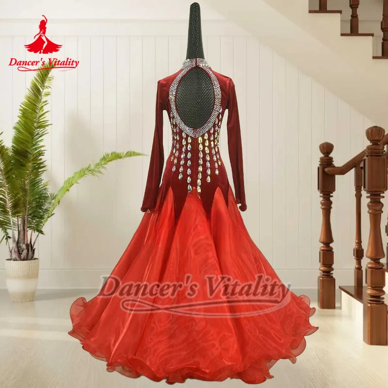 여성용 왈츠 포크스트롯 전문 의상 성인 고급 벨벳 볼룸 하이넥 댄스 드레스 맞춤형 댄서의 활력