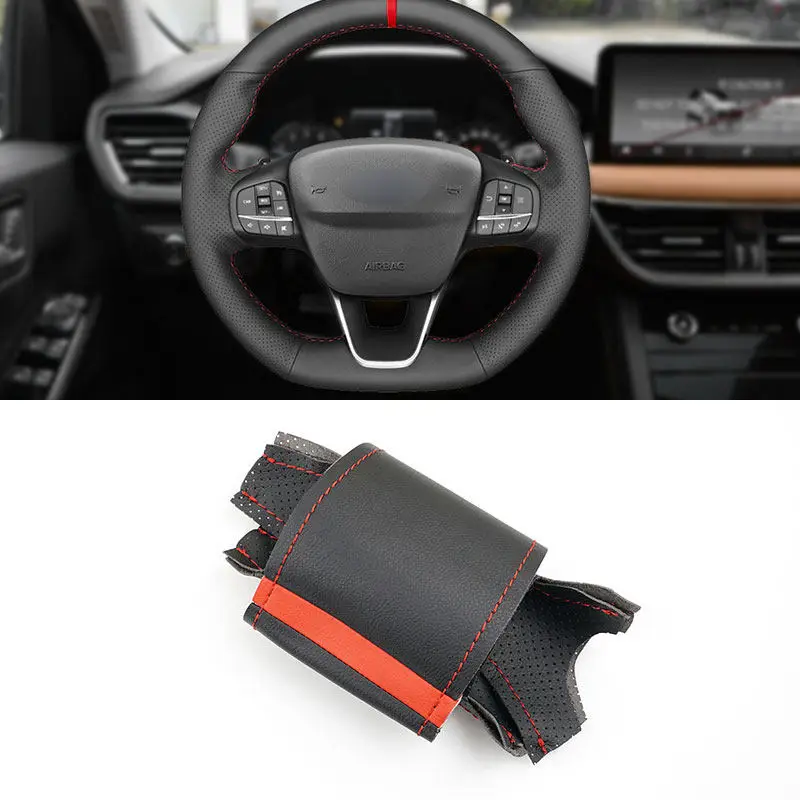 For Ford Focus Fiesta (ST | ST-Line) 2017-2020 Kuga Puma (ST-Line) 2019 2020 Car Steering Wheel Cover Leather Trim red line bar