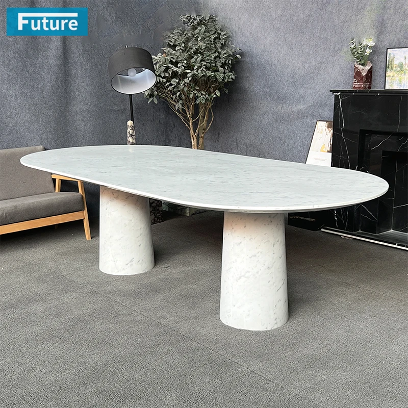 Mesa de Comedor Minimalista de Mármol Carrara Blanco con Forma Ovalada, Estilo Moderno y Lujoso, Ideal para Reuniones Familiares y Diseño de Cocina