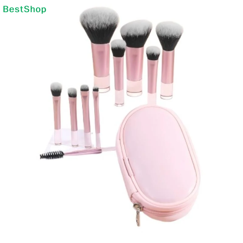 ♥ 10-delige roze make-upborstelset met reisetui |   Zachte synthetische haren voor foundation, oogschaduw