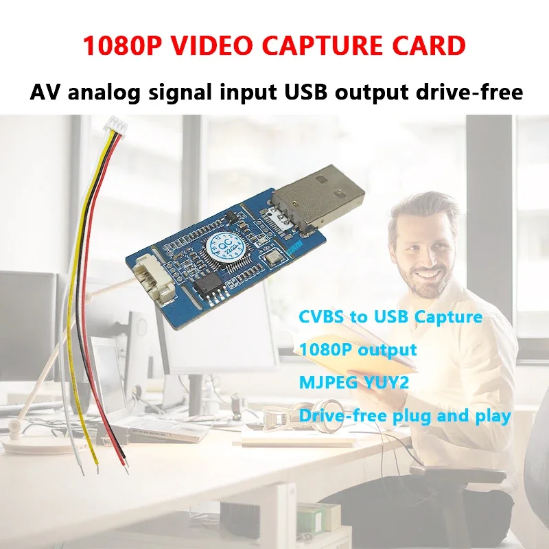 Tarjeta de captura de vídeo 1080P CVBS a USB, captura de señal AV/CVBS/S-VIDEO a placa de salida USB Digital/TYPE-C, SIN controlador