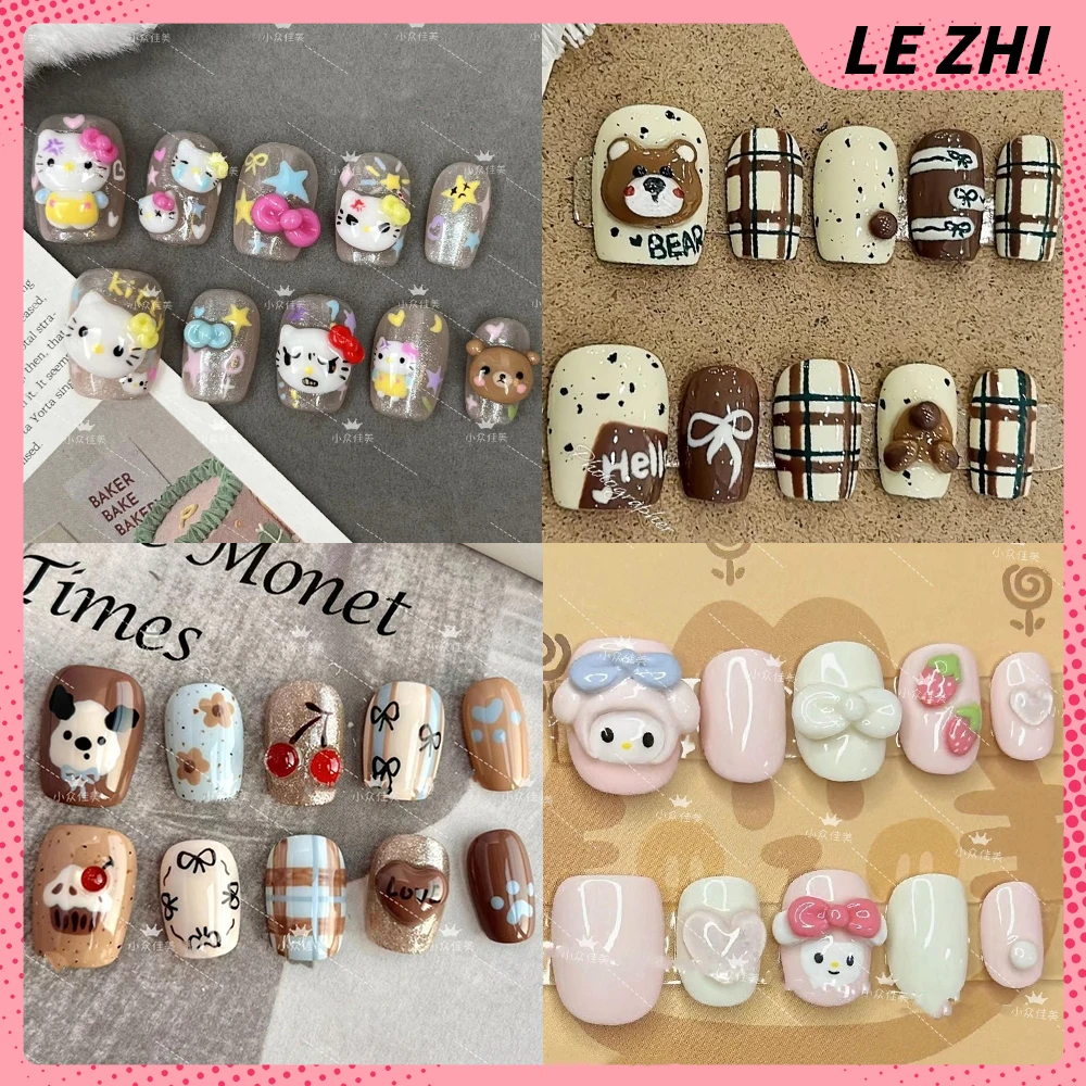 

10Pcs Kawaii Originality Funny Full Cover False Nail Cartoon Hello Kitty 3D Flower Hand-Painted Graffiti Artifical Reusable Nail