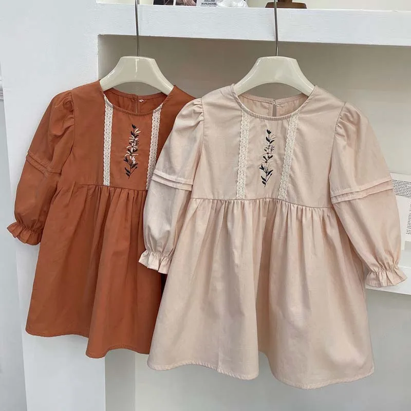 YBFSKID 2026 spring kids girls dress cotton floral embroidery baby girls dress round collar children girls long sleeve dress