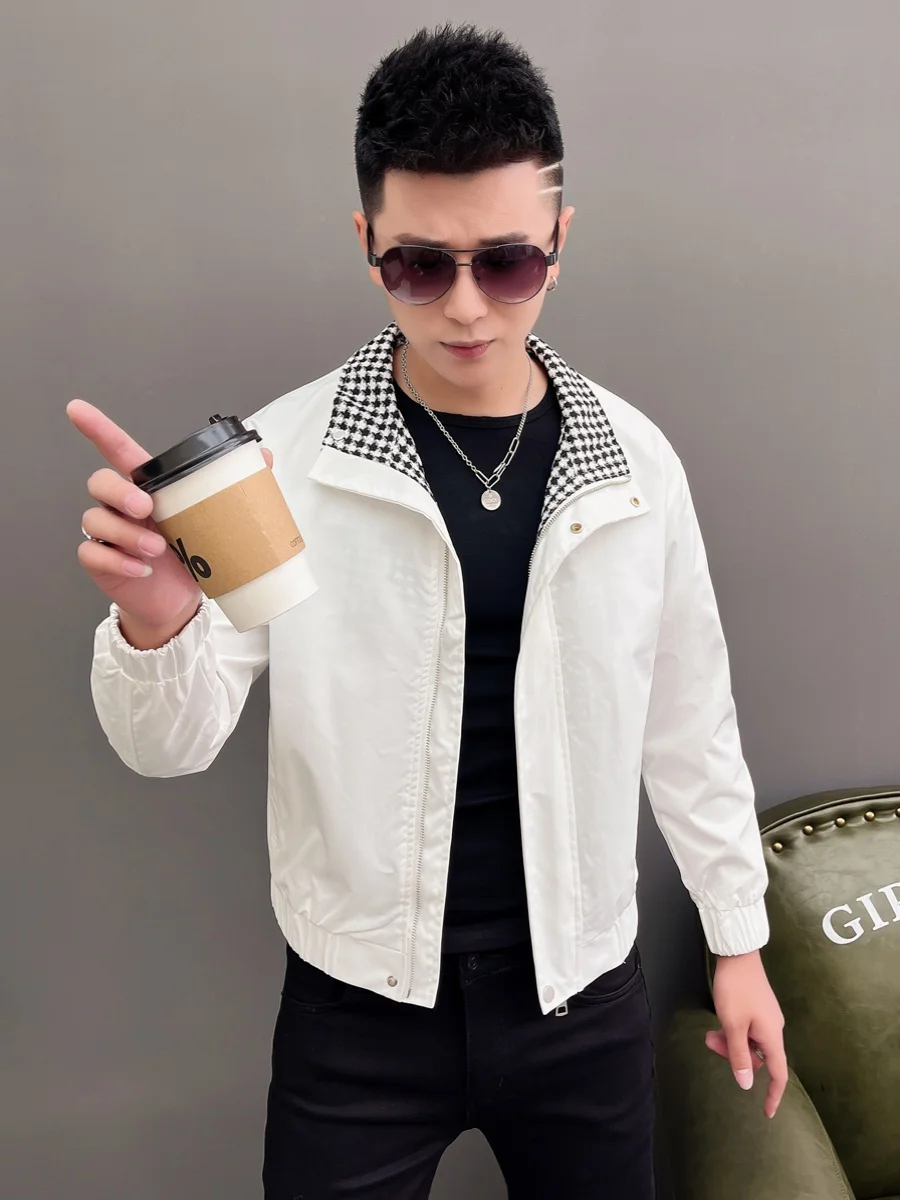 

Мужская повседневная куртка с воротником, весна 2024, модная, приталенная, из полиэстера, на молнии, с длинными рукавами, укороченная