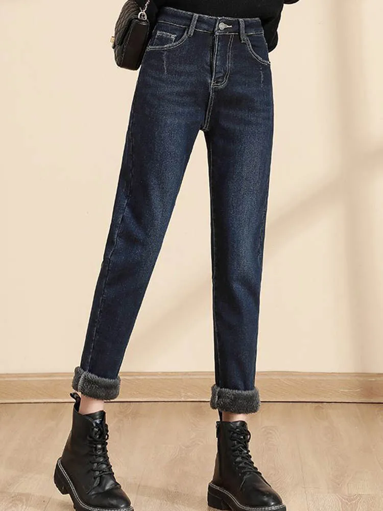 Pantaloni in denim foderati in velluto vintage caldo invernale Moda coreana Jeans Harem larghi Donna Casual Lunghezza caviglia Streetwear Vaqueros Nuovo