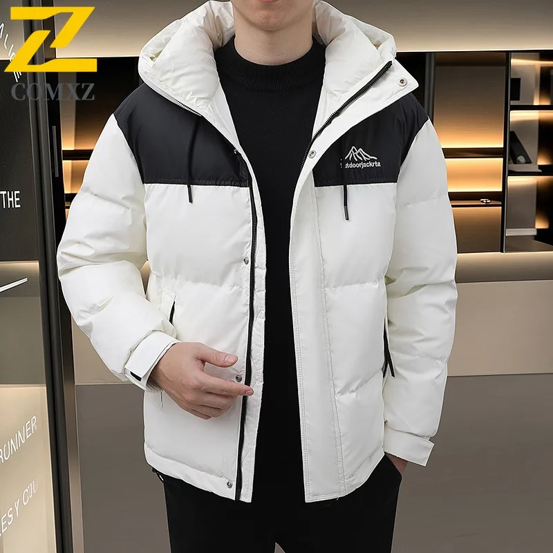 COMXZ Men Padded Jacket Blocking Color Fashion Short Trendy Lightweight Skiing Puffer Jacket Urban Versatile Casual Down Jacket