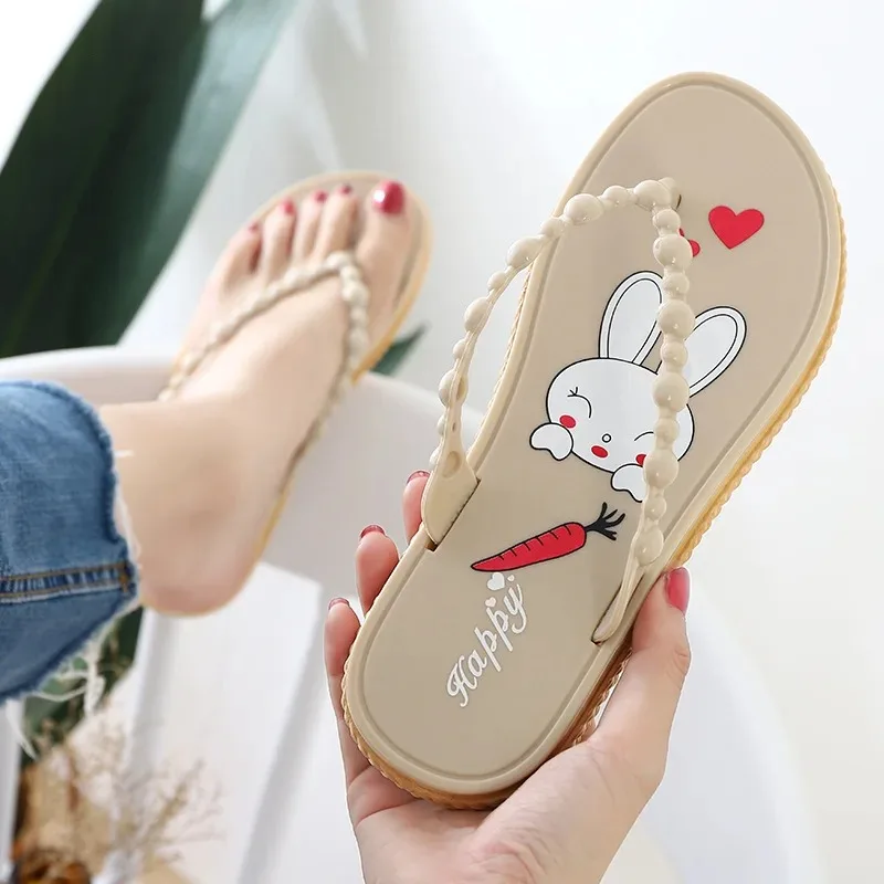 

Милые женские тапочки из ПВХ с кроликом, нескользящие пляжные сандалии на толстой подошве, летние уличные повседневные удобные шлепанцы для женщин