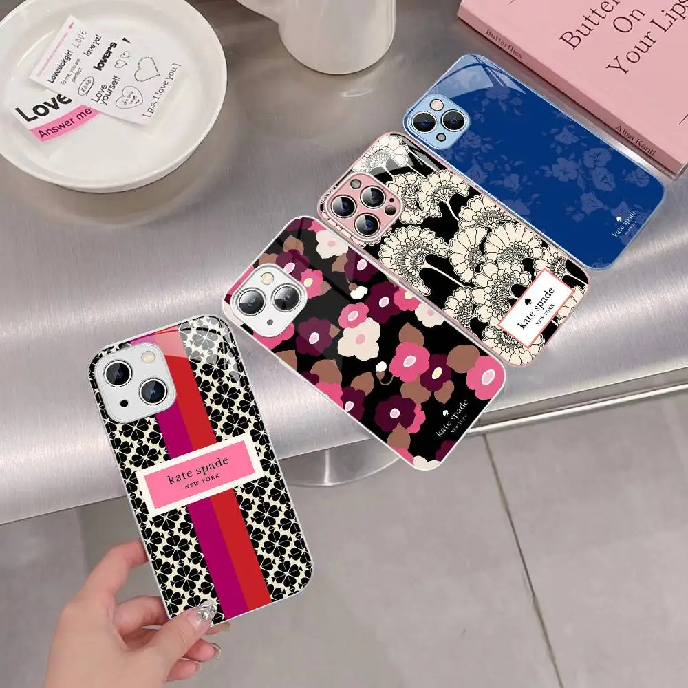 

K-Kate S-Spade Flower Phone Case Tempered Glass For Iphone 14 13 12 11 Pro Mini XS MAX 14Plus X XS XR Cover