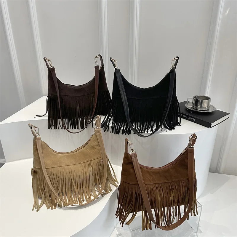 حقيبة كتف ريترو شرابة للنساء، عصرية وكاجوال، حقيبة كروس متعددة الاستخدامات، حقيبة إبط عصرية