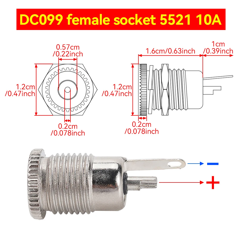 6Pcs Metal DC099 DC Power Supply Jack Female Panel Mount Connector 5.5x2.1mm 10A DC Charging Socket DIY Electronic Adapter