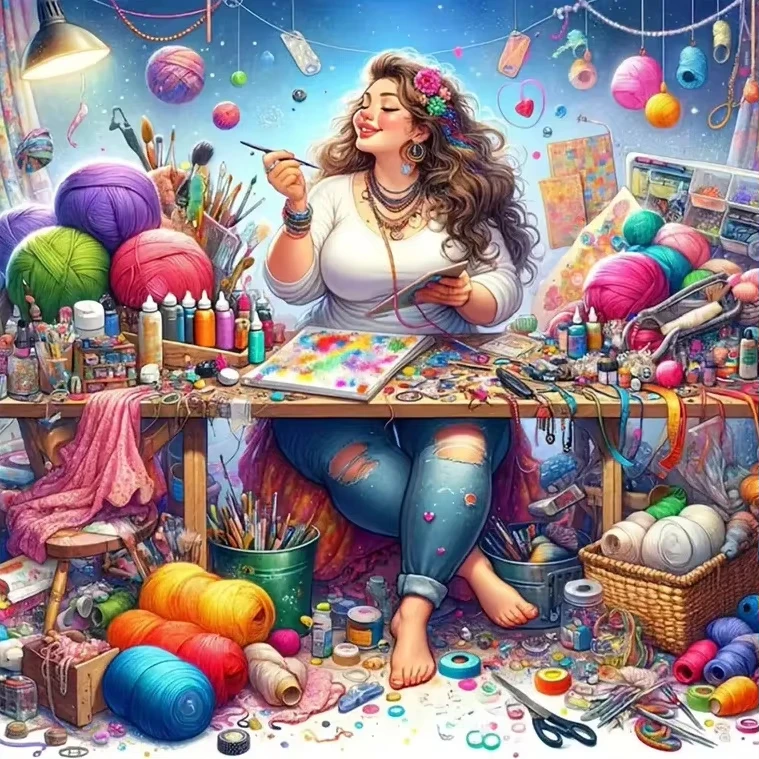 

Happy Crafter Woman in Her Studio Jigsaw Puzzle, Colorful Craft Room Decor Brain Challenge Scenic Art Puzzle for Gift